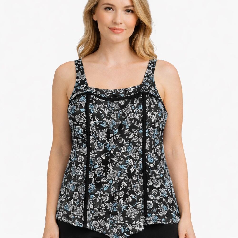 Fit 4 U Floral Print Tankini Swim Top Size 10 Black White Blue Supportive